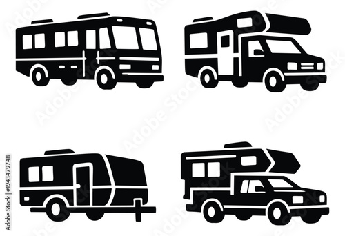 Silhouette icon set of 4 recreational vehicles featuring motorhome, camper van, travel trailer and pickup truck camper for travel design