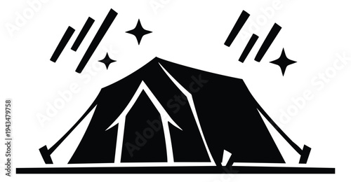Silhouette illustration of a camping tent depicting outdoor adventure with sparkle accents for travel and recreation design