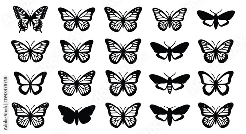 Silhouette icon set of 20 butterflies featuring diverse wing shapes and moth varieties for nature and tattoo design