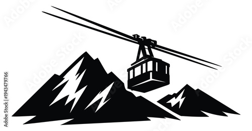 Retro silhouette illustration of a cable car gondola depicting mountain aerial tramway for travel and ski resort design
