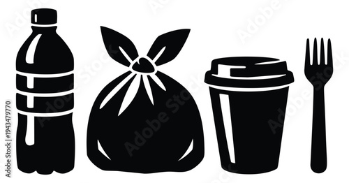 Silhouette icon set of 4 single use plastic waste items featuring bottle, garbage bag, coffee cup and fork for environmental design