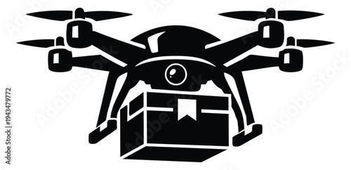 Silhouette illustration of delivery drone depicting quadcopter carrying package for logistics and technology design