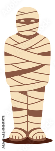 Flat cartoon illustration of a mummy character depicting a wrapped Halloween monster standing upright for holiday and costume design