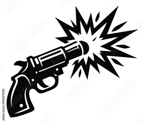 Bold cartoon illustration of a revolver depicting a firing gunshot explosion for action and western design