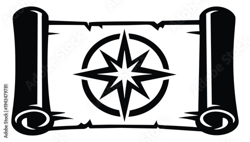 Bold silhouette illustration of a compass rose on an ancient scroll depicting navigation and exploration for adventure and travel design