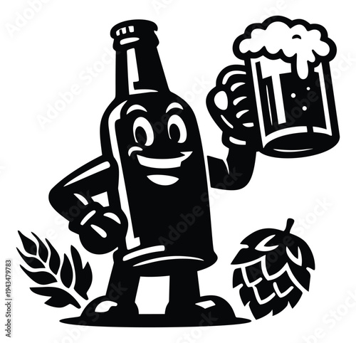 Cartoon illustration of a beer bottle mascot depicting a cheerful character holding a foamy mug with hops for brewery and craft beer design