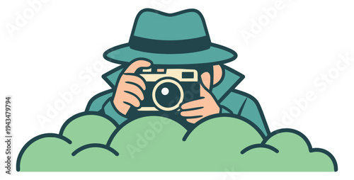 Cartoon illustration of a spy hiding in bushes depicting a sneaky detective taking photos for surveillance and security design
