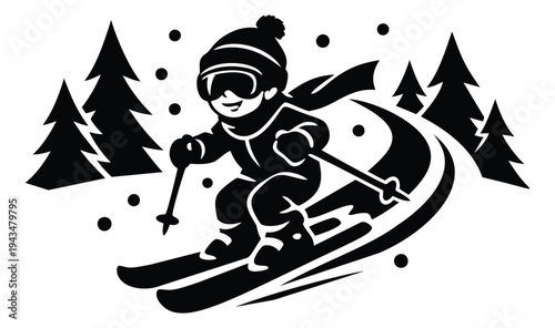 Silhouette illustration of a child skier depicting downhill skiing action among pine trees for winter sports design