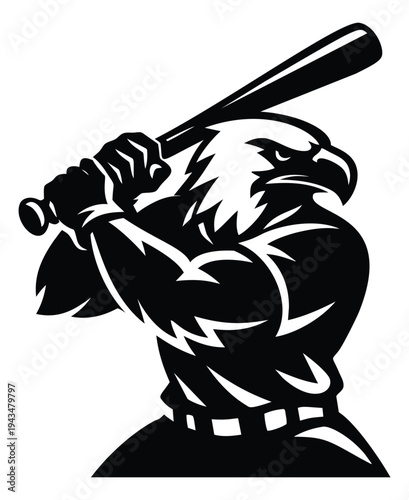 Bold cartoon illustration of an eagle baseball batter depicting a powerful swing stance for sports team mascot design
