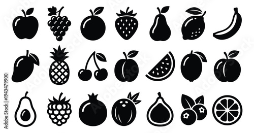 Silhouette icon set of 21 fruits featuring apple, pineapple, watermelon, mango and tropical varieties for food and nutrition design