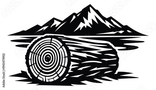 Woodcut illustration of a felled log depicting tree rings and grain texture with mountain landscape for outdoor and forestry design