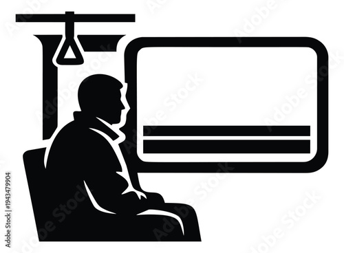 Silhouette illustration of man sitting in train depicting passenger looking out window for transportation and travel design
