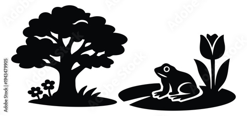 Silhouette illustration of a frog on a lily pad depicting a peaceful pond scene with tree and tulip for nature design