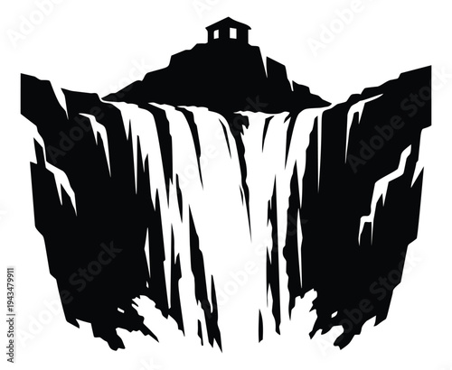 Silhouette illustration of dramatic waterfall cliff depicting cascading water and mountaintop temple for nature and travel design