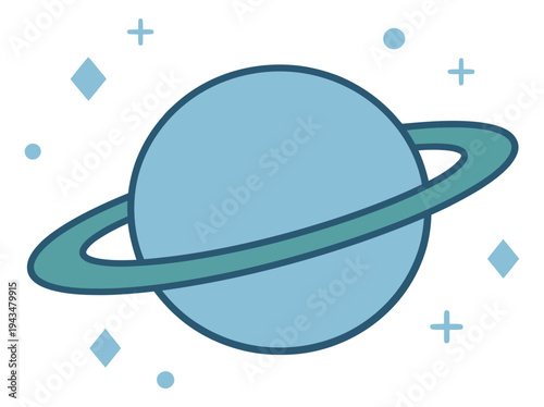 Cartoon illustration of a ringed planet depicting Saturn in space with stars for astronomy and education design