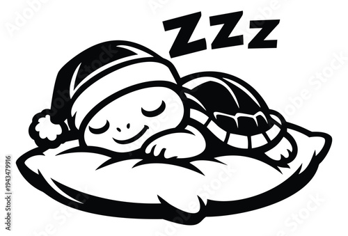 Cartoon illustration of a sleeping turtle depicting a cute reptile napping on a pillow with a santa hat for nursery and holiday design