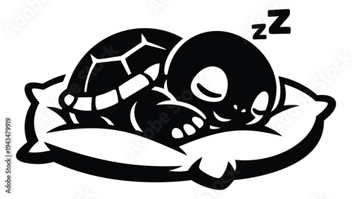 Cartoon illustration of a sleeping turtle depicting a cute reptile napping on a pillow for children and pet design