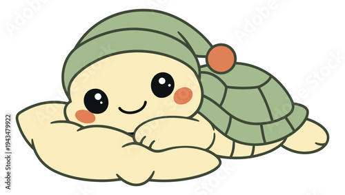 Cartoon illustration of a cute sleeping turtle depicting a cozy resting pose with a winter hat for children and nursery design