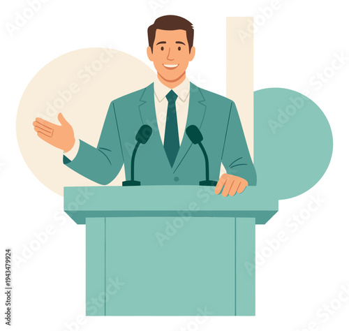 Flat illustration of a businessman speaking at a podium depicting a confident public speaker for business and political design