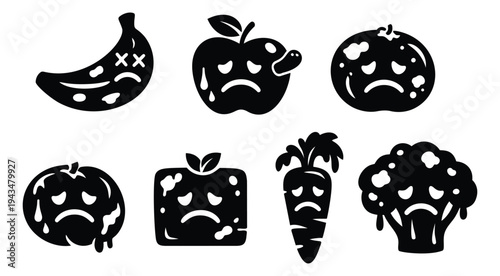Cartoon silhouette icon set of 7 sad spoiled fruits and vegetables featuring banana, apple, orange, tomato, carrot and broccoli for food waste design