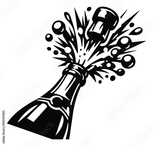 Woodcut illustration of champagne bottle depicting cork popping with bubbles and splash for celebration design