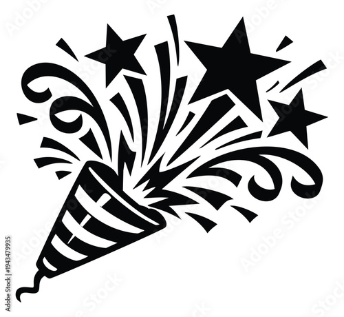 Bold silhouette illustration of a party popper depicting confetti and stars explosion for celebration design