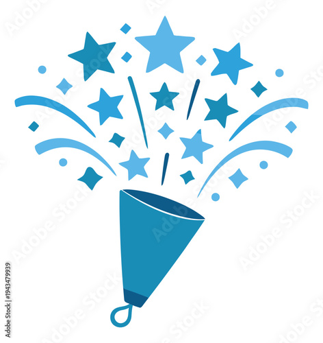 Flat illustration of a party popper depicting colorful star confetti explosion for celebration and festive design