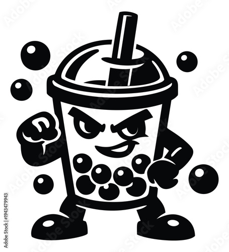 Cartoon illustration of a fighting bubble tea cup depicting an angry mascot character throwing punches for food and beverage branding