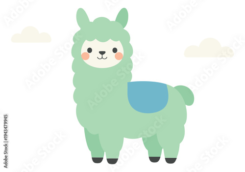 Flat illustration of a cute baby alpaca depicting a fluffy cartoon llama character for nursery and children design