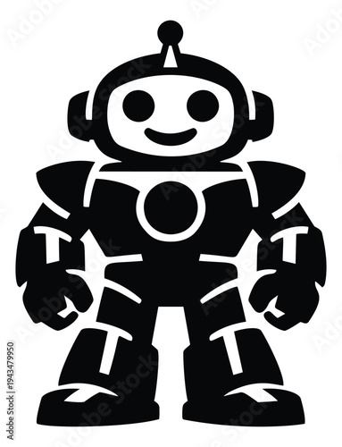 Silhouette illustration of a friendly toy robot depicting a cute humanoid character for technology and kids design