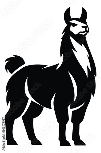 Silhouette illustration of a llama depicting a standing proud pose for animal and farm design