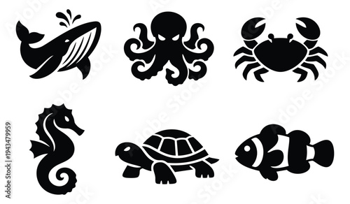Silhouette icon set of 6 sea creatures featuring whale, octopus, crab, seahorse, turtle and clownfish for marine design
