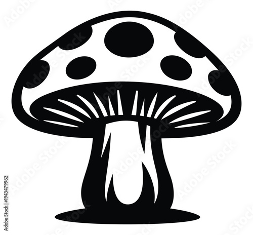 Cartoon illustration of a spotted mushroom depicting a whimsical toadstool with gills and stem for nature and fantasy design