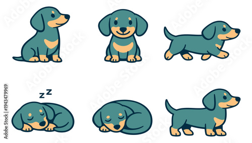 Cartoon icon set of 6 dachshund puppy poses featuring sitting, walking, standing and sleeping characters for pet design