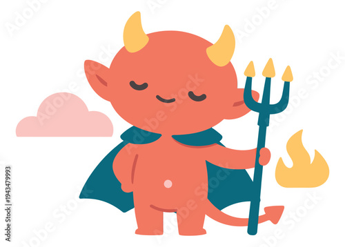 Cartoon illustration of a cute devil character depicting a little demon holding a trident for Halloween and fantasy design