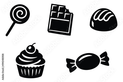 Silhouette icon set of 5 sweet treats featuring lollipop, chocolate bar, truffle, cupcake and wrapped candy for confectionery design