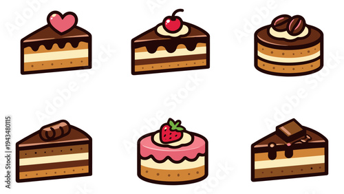 Cartoon icon set of 6 chocolate cake slices featuring heart cherry strawberry and coffee toppings for bakery and dessert design