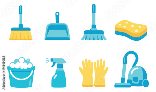 Flat icon set of 8 cleaning supplies featuring broom, brush, dustpan, sponge, bucket, spray bottle, gloves and vacuum for household design