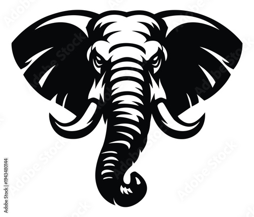 Bold woodcut illustration of elephant head depicting fierce frontal portrait with tusks and trunk for mascot and sports design