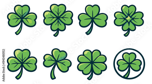 Cartoon icon set of 8 shamrock and four leaf clover symbols featuring luck and St Patrick's Day themes for holiday design