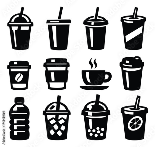 Silhouette icon set of 12 beverage containers featuring cups, bottles, coffee and cold drinks for food and drink design