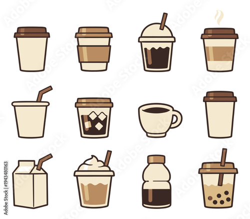 Flat icon set of 12 coffee drinks featuring hot cups, iced beverages, bubble tea and takeaway containers for cafe menu design