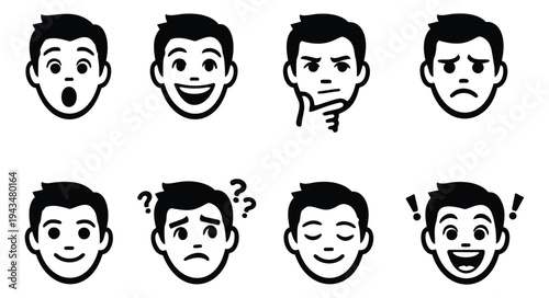 Cartoon icon set of 8 male faces featuring surprised, happy, thinking, angry, confused and calm expressions for emotion design