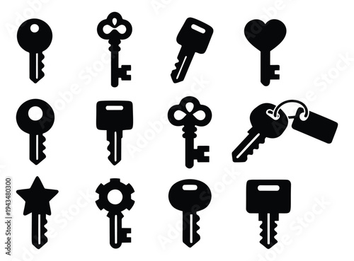 Silhouette icon set of 12 keys featuring house, car, vintage, heart and ornate designs for security and locksmith themes