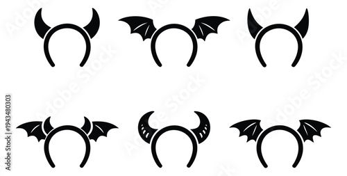 Silhouette icon set of 6 Halloween headbands featuring devil horns and bat wings for costume and party design