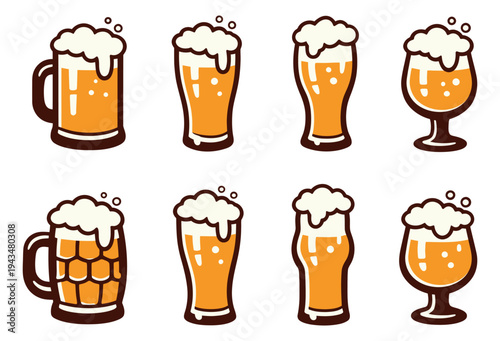 Cartoon icon set of 8 beer glasses featuring mugs, pint glasses and goblets with foam for brewery and pub design