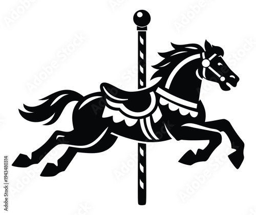 Silhouette illustration of carousel horse depicting leaping pose on striped pole for amusement and entertainment design