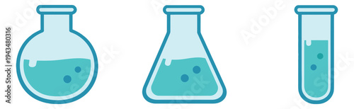 Flat icon set of 3 laboratory glassware featuring round flask, erlenmeyer flask and test tube for science design