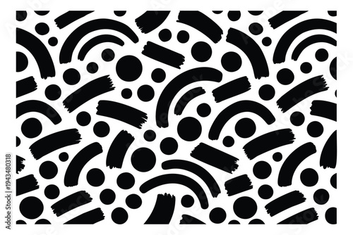 Bold silhouette seamless pattern featuring abstract brush strokes curved arcs and dots for textile and surface design