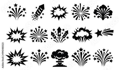 Silhouette icon set of 15 fireworks and explosion symbols featuring bursts, rockets, stars and blast effects for celebration design